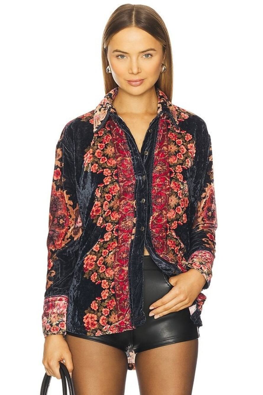 We The Free One Night Oversized Gothcore Velvet Floral Button-Front Shirt, L NWT